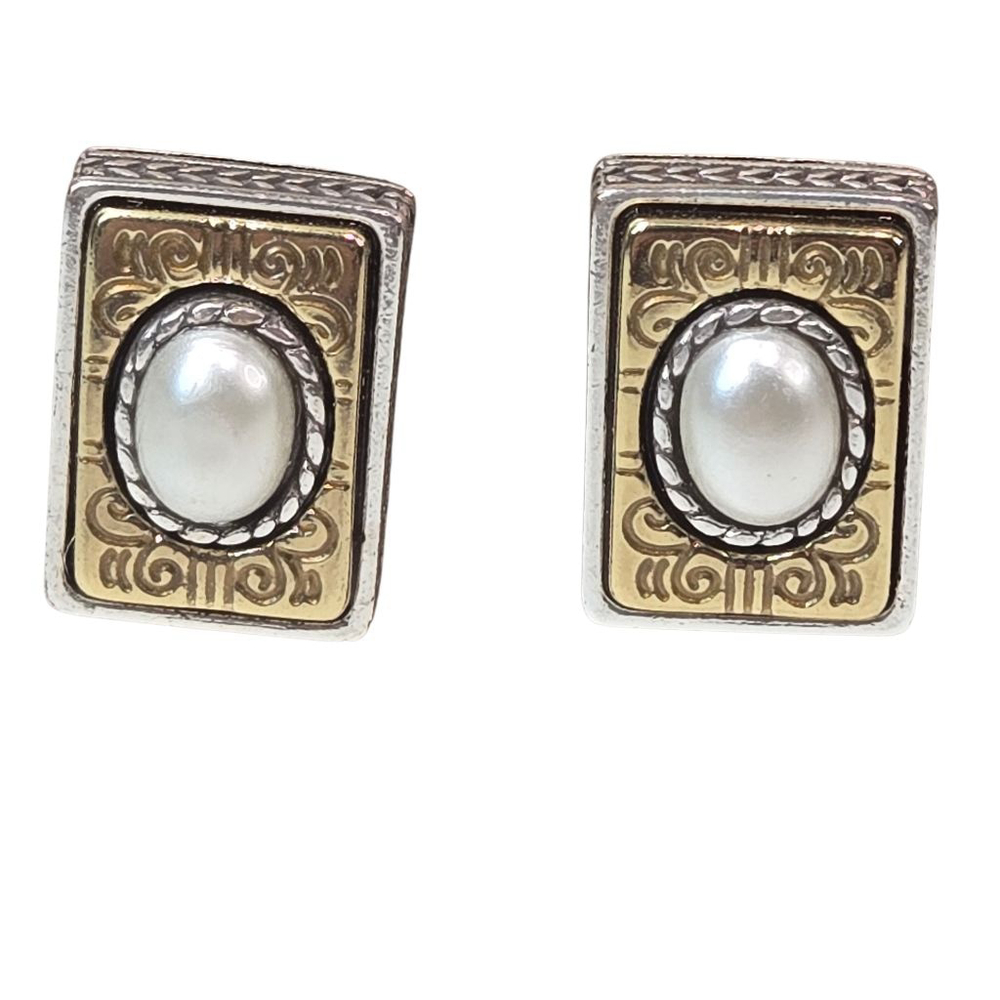 Brighton Gold and Silver Pearl Accent Rectangular Earrings